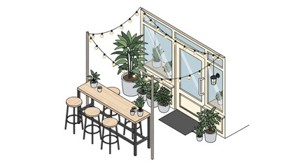 Outdoor Patio Furniture with Potted Plants.