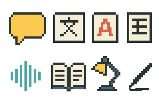 Linguistic Learning Icons. Linguistic learning set set of icons in flat pixel vector style: dialogue bubble, character symbol, flashcard, verb chart, pronunciation wave, reading