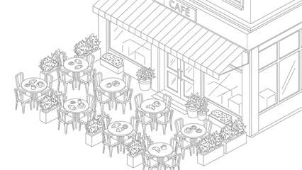 Restaurant Patio with Tables and Chairs.