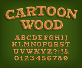 Cartoon Wood alphabet font. Hand drawn uppercase letters, numbers and symbols. Stock vector typeface for your design.