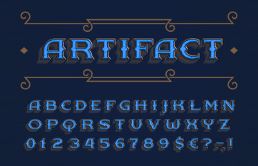Artifact alphabet font. A retro-style set of serif letters and numbers with weathered textures. Perfect for creating striking headlines, logos, posters.