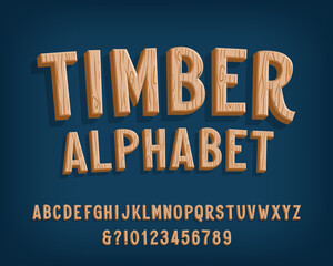 Timber alphabet font. Hand drawn cartoon letters, numbers and symbols. Stock vector typeface for your design.