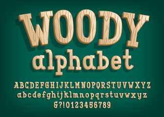 Woody alphabet font. Cartoon uppercase and lowercase letters, numbers and symbols. Stock vector typeface for your design.