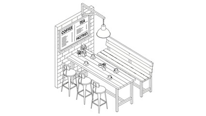 Simple Line Drawing of Coffee Shop Interior.
