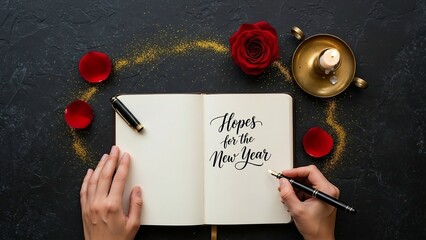A woman and a man holding books alongside a rose symbolize a love for life and a business strategy where handwriting a plan on paper leads to a successful management solution