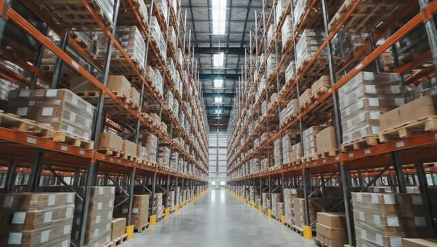 Warehouse Interior - Rows of Shelves Stocked with Cardboard Boxes.