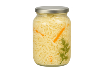 Glass jar filled with shredded cheese, carrot slivers, and dill sprig