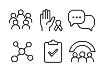 Community Engagement Icons. Community Engagement Elements linear set: group circle, raised hand, dialogue bubbles, support ribbon, connection nodes, shared task, welcome sign,