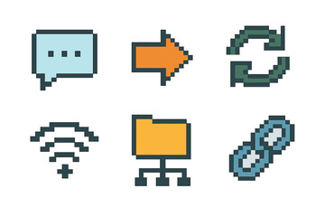 Network Icon Set. Network Communication pixel style set: message bubble, data arrow, sync symbol, wireless wave, shared folder, channel link.