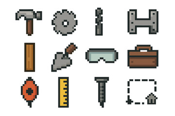 Worksite Tools Icons. Worksite Building Tools pixel style set: hammer icon, saw blade, drill bit, joint bracket, wooden stud, cement spreader, safety goggles, tool crate, cut line