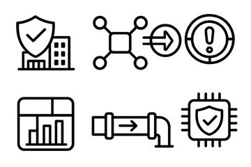 Infrastructure Shield Icons. Utility System Safeguarding linear set: infrastructure shield icon, risk-detection node, protective barrier tile, fault-alert ring, service continuity