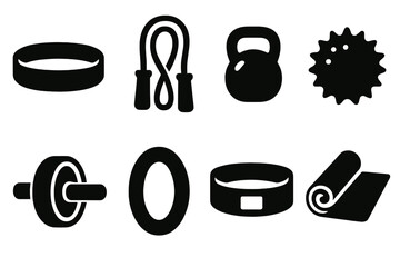 Portable Fitness Icons. Travel-friendly fitness tools silhouette set: resistance loop, portable rope, tiny kettlebell, massage ball, mini wheel, grip ring, hip band, roll-up mat.