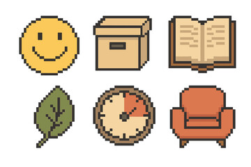 Pixel Positivity Icons. Daily positivity themes pixel style set: smile icon, tidy box, open book, mindful leaf, break timer, cozy chair.