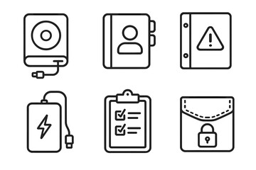 Continuity Icon Set. Continuity Support Set linear set: backup drive, contact directory, contingency binder, resource tracker, power bank, secure pouch.