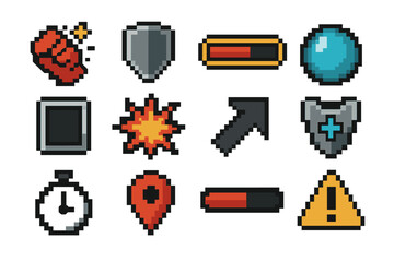 Combat Icon Set. Combat UI Elements set of icons in flat pixel vector style: strike icon, guard symbol, HP gauge, energy sphere, skill slot, damage burst, evade step arrow, armor