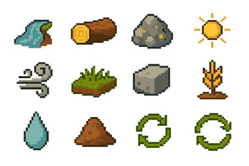Natural Resource Icons. Natural Resource Use set of icons in flat pixel vector style: freshwater stream, timber log, mineral ore, fertile soil patch, sun energy icon, wind swirl,