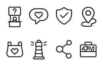Neighborhood Aid Icons. Neighborhood Micro-Help linear set: tiny aid desk, message chip, support badge, pathway marker, shared pouch, calm beacon, helper node, micro toolkit.