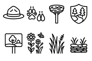 Wildlife Protection Icons. Wild Habitat Protection linear set: forest ranger hat, wildlife tracks, nesting platform, clean river symbol, protected area sign, pollinator patch,