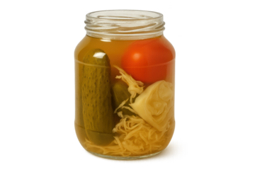 Jar of pickled cucumbers, tomatoes, and cabbage in brine