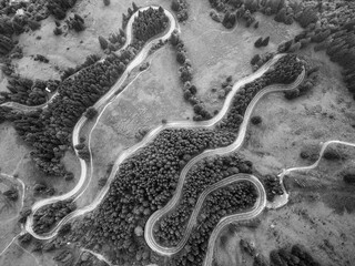 Obraz premium Curved roads navigate the stunning Alpine terrain, showcasing lush greenery and winding paths from a drone's perspective. This aerial view captures the essence of a scenic road trip.