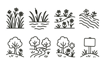 Conservation Landscape Icons. Conservation-focused landscapes linear set: native plant meadow, wetland buffer tile, pollinator corridor marker, erosion-control ridge, wildlife