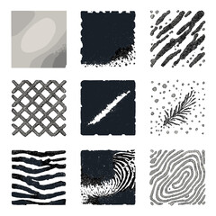 Pixel Art Texture Icons. Expressive Texture Elements pixel style set: soft blur field, jagged edge motif, granular dust layer, flowing ink streaks, mesh lattice, chalk edge line,