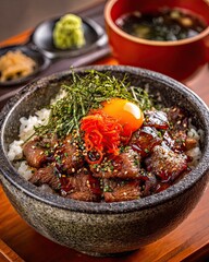 Premium Japanese Donburi Bowl with Grilled Beef, Scallops, Egg Yolk and Assorted Toppings