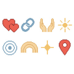 Pixel Art Unity Icons. Mutual Companionship pixel style set: paired hearts, open circle link, caring hands, soft radiance, calm ripple, unity arc, steady glow, shared marker.