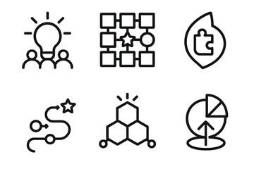 Creative Icon Grid. Intelligent Creative Frameworks linear set: ideation hub, recombination grid, adaptive motif icon, creativity stream line, generative nexus, impact indicator.