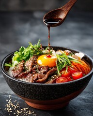 Japanese Gyudon Beef Rice Bowl with Onsen Egg and Fresh Vegetables, Soy Sauce Drizzle, Traditional Donburi Style Food