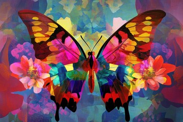 Vibrant floral butterfly in abstract digital graphic design composition