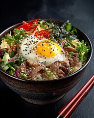 Japanese Rice Bowl with Grilled Beef, Scallops, Soft Egg and Fresh Toppings