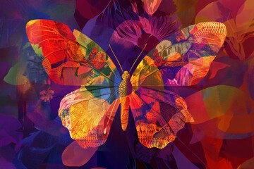 Vibrant floral butterfly in abstract digital graphic design composition
