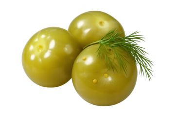 Three green olives with dill sprig garnish