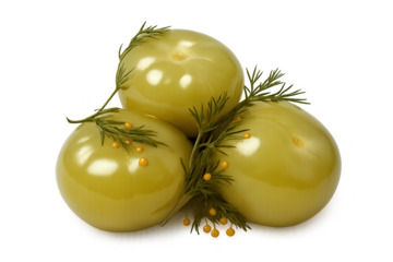 Three glossy green olives with dill sprigs on transparent background