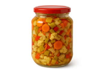 Jar of colorful pickled vegetables: carrots, cauliflower, celery, peppers, in brine with red lid