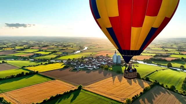 A high‑altitude hot‑air balloon floating above a patchwork landscape.