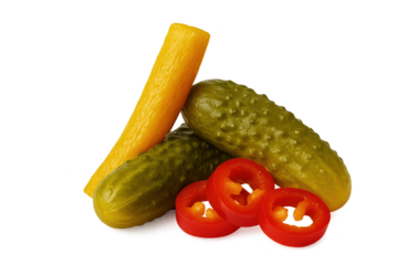 Assorted pickles with carrot baton and sliced red peppers on transparent background