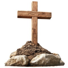 Wooden cross stands atop a dirt mound supported by rocks, symbolizing faith and Christian beliefs