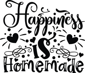 Black and white vector typography declares that happiness is homemade surrounded by decorative hearts and whimsical swirls for crafting.