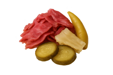 Small pile of pink shredded pickled ginger with yellow pickled radish and cucumber slices