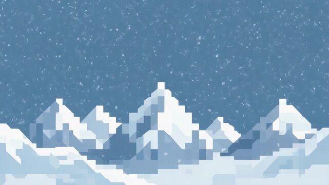 Snowy mountain landscape pixel art scene.