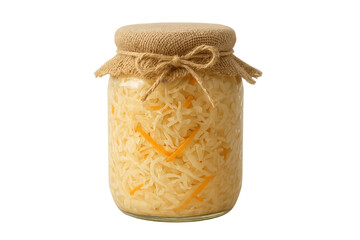 Jar of shredded cabbage and carrot pickles in glass jar with burlap lid