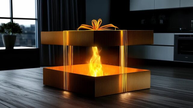 Glowing gift box open present golden ribbon light explosion dark living room modern interior festive surprise magical glow night celebration with