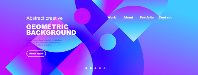 Vibrant geometric background design. Features overlapping circles, text elements, navigation menu. Modern, fluid aesthetic.