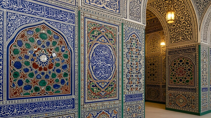 Stunning intricate Islamic geometric and calligraphic tilework adorns the walls of a historic architectural masterpiece, showcasing rich cultural heritage and detailed craftsmanship