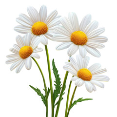 Naklejka premium Four white daisies with yellow centers stand tall with green stems and leaves against a white background