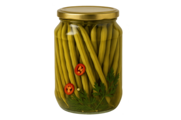 Jar of pickled green beans with dill and red pepper slices sealed with gold lid