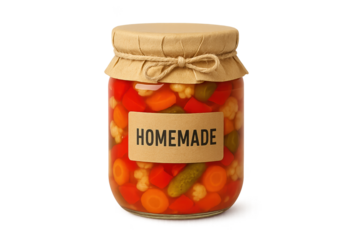 Glass jar of colorful homemade vegetables, sealed with brown paper lid and string, labeled HOMEMADE