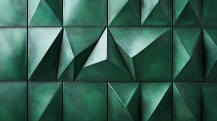 A modern, abstract background of 3D triangular tiles in a matte brushed green finish. This geometric, architectural pattern is perfect for contemporary interiors, backdrops, and feature walls.